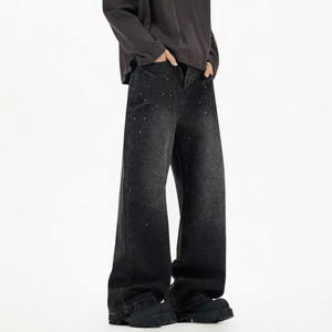 Pantalon en jean délavé à jambe large pour homme, taille mi-haute, coupe ample, style décontracté, en coton noir, idéal pour l'automne - Product Image 3