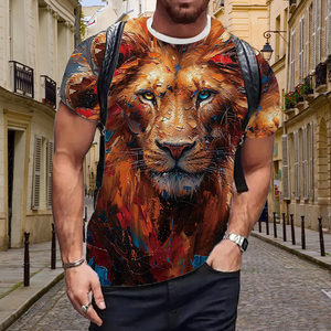 T-shirt à imprimé graphique 3D Lion par sublimation - Style peinture à l'huile artistique, streetwear décontracté, manches courtes, col rond, haut tendance - Product Image 6