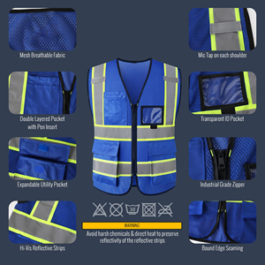 Safety <b>Vest</b> With High Vis Reflective Bands Multi Pocket <b>Utility</b> Design For Construction And Warehouse Management Safety - Product Image 4