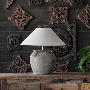 Lampe de table artisanale en céramique moderne du Tibet, base en pot noir, abat-jour en lin naturel, décoration pour chambre à coucher, salon, maison, Diwali - Product Image 3