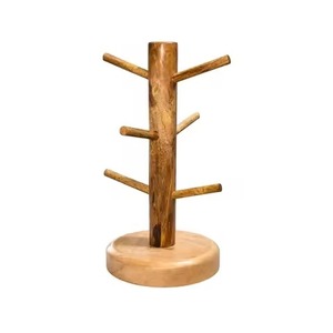 Mug Holder Slatted Wood Square Base Sturdy <b>Trunk</b> Design 6 Branch Pegs Kitchen Table Top Coffee Mug Display Stand Mug Holder - Product Image 3