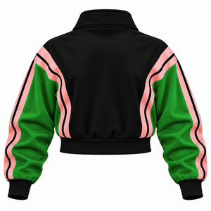 Alfa |   Kapa |   Conjunto Deportivo Alpha Sorority con Bloques de Color Verde y Rosa, Chaqueta con Cierre y Pantalones Anchos a Juego - Product Image 3