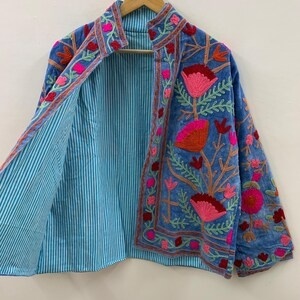 Veste en velours brodée de fleurs bohèmes, coupe-vent et respirante, manteau Suzani, manteau court en tricot d'hiver - Product Image 2