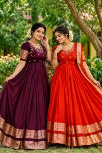 ORANGE Silk Anarkali <b>Suit</b> With Embroidered Dupatta Traditional Indian <b>Wedding</b> <b>Dress</b> <b>Women</b> Floor-Length Regular Fit - Product Image 6