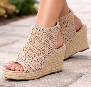 Sandales en jute pour femmes, espadrilles à bout ouvert, chaussures compensées en jute à talon haut pour femmes, antidérapantes - Product Image 1