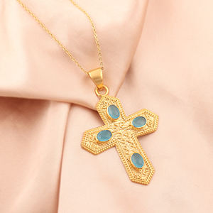 Luxury style oval cut sky blue chalcedony religious jewelry necklace brass gold plated filigree design <b>cross</b> pendant necklace - Product Image 3