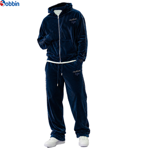 BOBBIN INDUSTRIES Best Price Unisex Dark Blue <b>Velour</b> <b>Tracksuit</b> Full Zip Hooded Sweatshirt Pants Set Casual Winter Wear Solid - Product Image 4