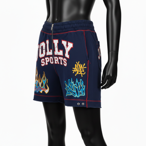 Shorts de mujer de felpa de algodón y poliéster premium con costuras rojas, bordado de chenilla, cremallera frontal y logo personalizado. - Product Image 6