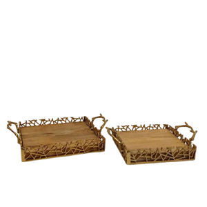 Ensemble de plateaux de service en bois avec treillis métallique doré et poignées, plateaux décoratifs pour aliments, plateaux de rangement pour la maison et le bar - Product Image 1