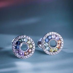 14K White Gold Rainbow Diamond Circle Stud Earrings Multi Color Round Lab Grown Diamonds Halo Design Fine Jewelry for Women - Product Image 1