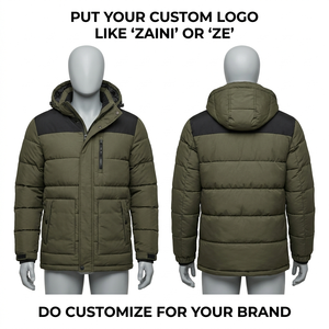 Chaqueta Acolchada con Capucha de Poliéster Grueso de 240 GSM, Color Verde Oliva, Panel en Contraste, Logotipo Personalizado, Marca Privada - Product Image 1