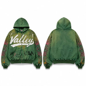 เสื้อแจ็คเก็ตฮู้ดซิปพิมพ์ลาย Valley USA ทรงปกติสำหรับผู้ชาย สไตล์สตรีทแวร์ ลายเปลวไฟสีเขียว สำหรับฤดูร้อน เป็นมิตรกับสิ่งแวดล้อม กันลม ผลิตจากผ้าฟลีซ - Product Image 1