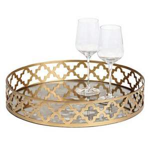 Bandeja Decorativa Redonda Dorada Antigua con Espejo - Bandeja de Lujo de Metal y Cristal para Servir en Mesa de Centro, Otomana o Decoración del Hogar - Product Image 5