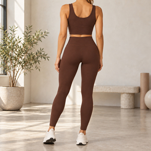 Brown Sleeveless <b>Tank</b> Crop <b>Top</b> Tummy Control Leggings Women Yoga Pilates Lounge Athletic Wear Matching 2 Piece Set - Product Image 5