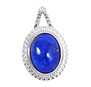 Pendentif goutte d'eau ovale en lapis-lazuli plaqué rhodium en argent sterling 925 de luxe avec bordure tribale gravée - Product Image 1
