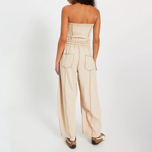 Mono de lona beige sin mangas para mujer, con cintura ajustada, largo completo, con bolsillos, estilo urbano, pantalón de pierna ancha, para primavera y verano - Product Image 2