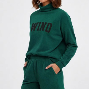 Women Mockneck Set Solid Color 2 Piece Women Mockneck and Shorts Set Casual Wear Soft Knitted Customized Logo Printing - Product Image 1