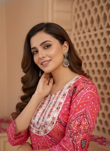 Conjunto de Kurta y Pantalón Recto de Algodón Rosa Estampado, Cuello Redondo, Largo hasta la Pantorrilla, Traje Étnico de Uso Diario para Mujer, Tallas M, L, XL, XXL - Product Image 4