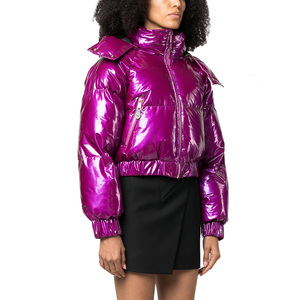 Women's Purple Quilted Puffer <b>Jacket</b> With Stand Collar Full Sleeve Zipper Closure Short Length Women's Winter Coat - Product Image 1