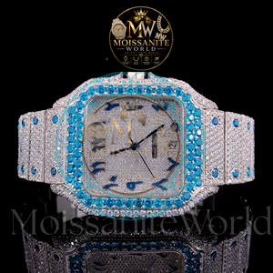 Montre automatique de luxe carrée en acier inoxydable, entièrement sertie de saphirs bleus, lunette pavée de diamants, aiguilles lumineuses, style business et hip-hop, avec date - Product Image 5