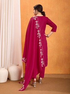 Luxury Magenta Pink Traditional Salwar Kameez Set Silver Zari Embroidery Straight <b>Kurta</b> Pant Indian/Pakistani Wedding Party Wear - Product Image 3