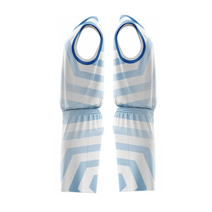 Uniforme de Baloncesto Sublimado Personalizado, Conjunto de Camiseta sin Mangas y Pantalones Cortos con Diseño Geométrico Blanco y Azul, Absorbente de Humedad, Unisex para Adultos - Product Image 6