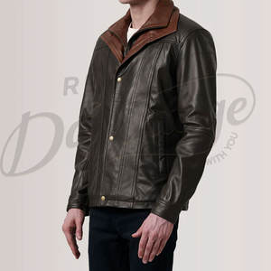 Veste en cuir olive foncé pour homme avec col contrastant marron, en véritable peau de mouton, coupe ajustée, pour l'automne et l'hiver, style décontracté, veste moto superposée - Product Image 4