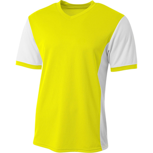 Maillot de football unisexe bleu et blanc à blocs de couleur, col en V, manches courtes, en maille polyester respirante, coupe classique, toutes saisons, personnalisable - Product Image 3
