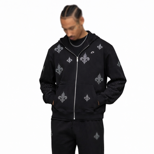 Sudadera con capucha negra para hombre, con detalle de flor de diamantes de imitación en la manga, de algodón grueso y forro polar, estilo oversize, fabricación de ropa urbana. - Product Image 5