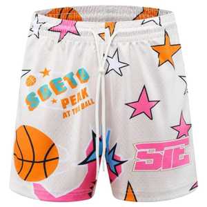 Sceto Pantalones cortos de baloncesto para hombre con estampado de estrellas y diseño de pelota, pantalones cortos deportivos transpirables con cordón, 100% poliéster - Product Image 1
