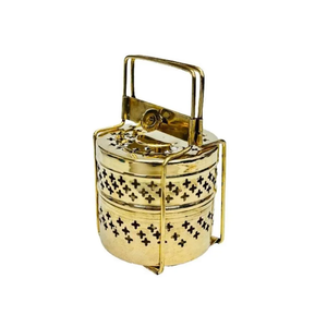 Perforated gold brass tiffin <b>box</b>, 2 tier hollow pattern food carrier, antique style luxury <b>lunch</b> <b>box</b>, at wholesale prices. - Product Image 1
