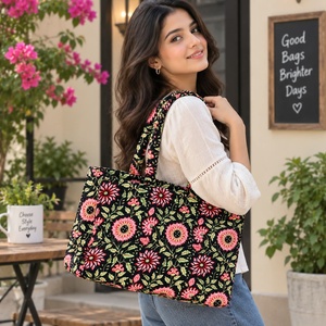 Floral Pattern Cotton <b>Tote</b> <b>Bag</b> <b>with</b> <b>Zipper</b> Closure <b>Large</b> Capacity Bohemian Fashion Style All Seasons Shopping <b>Bag</b> - Product Image 2