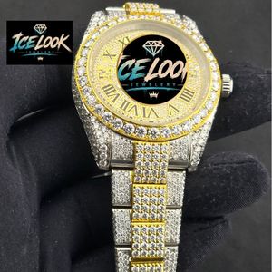 นาฬิกาข้อมืออัตโนมัติ Ice Look ขนาด 28 มม. สายคริสตัลสองสี หน้าปัดสีทอง แสดงวันที่ ETA แฟชั่น - Product Image 4