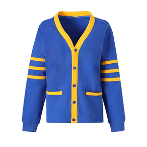 College <b>Women's</b> Blue Top Quality <b>Fleece</b> <b>Cardigan</b> Long Sleeve V-Neck Contrast Color Button Front Casual Regular Fit All Seasons - Product Image 1