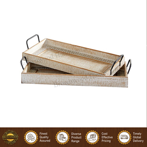 Good Quality Restaurant & Hotel Supplies Hand Carved Mango Wood Serving <b>Tray</b> <b>with</b> Metal <b>Handles</b> Set of 2 from Indian Exporter - Product Image 2