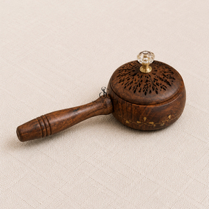 Antique Wooden Incense Burner With Handle, Carved Bakhoor Oud Censer With <b>Crystal</b> <b>Knob</b> For Ramadan Home Decor & Gifts - Product Image 1
