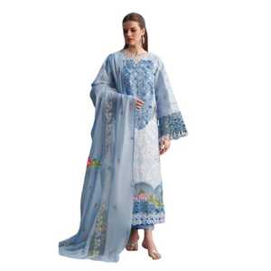 Salwar Kameez bleu brodé de fleurs pour femme, coupe ample, longueur ras du sol, tenue ethnique traditionnelle style mariage Inde Pakistan - Product Image 1
