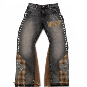 Custom Grey Denim <b>Jacket</b> And Jeans Set With <b>Rhinestone</b> Cross Print And Plaid Panel Design Tracksuit For Unisex - Product Image 5