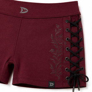 Shorts Deportivos Color Borgoña de Cintura Alta con Cordones Cruzados, Transpirables, de Punto, Spandex, Poliéster, Corte Regular, Color Sólido - Product Image 3