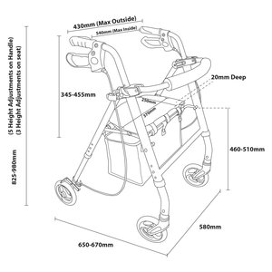 Lightweight Folding 4-Wheel <b>Rollator</b> Height Adjustable Handles & Legs Padded Seat with Storage Bag 136kg Capacity Ergonomi - Product Image 6