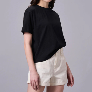 T-shirt noir à col rond et manches courtes pour femme, coupe classique, couleur unie, 100 % coton, respirant et séchage rapide – Tendance actuelle en gros - Product Image 4