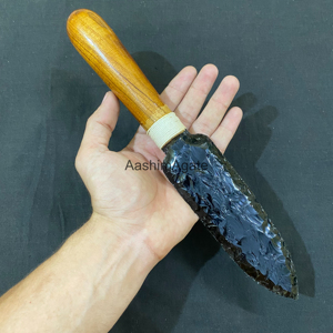 Couteau artisanal en obsidienne avec manche en bois, objet de collection, sculpture décorative - Product Image 5