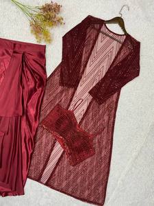 Factory Price OEM Premium Wine <b>Red</b> Indo Western Outfit Traditional Modern Fusion Ready to Wear Draped Skirt Shrug Wholesale Bulk - Product Image 5