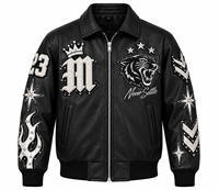 Blouson en cuir pour homme, design avec patch brodé, col rabattable, fermeture éclair, style moto d'hiver, blouson bomber noir