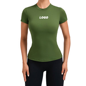 <b>Women</b> Multi Color Slim Fit Yoga Short Sleeves Shirt Casual Round Neck Running <b>Top</b> Female Loose Lower Back Sports T-Shirts - Product Image 2