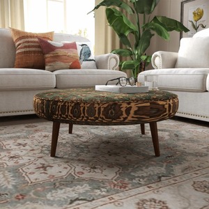 Circular Fabric <b>Pouf</b> With Abstract Geometric Pattern Wooden Legs Bohemian Living Room Decor - Product Image 4