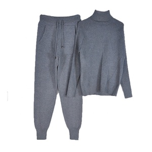 <b>Lounging</b> Wear New Women's High Neck Plain Two Piece Track Suit With Stretch Pants Knitted Pullover Turtle Neck Autumn Sweat Suit - Product Image 3