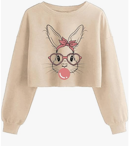 Sweat-shirt court à motif lapin amusant pour femme, pull à manches longues pour le printemps et Pâques, haut de fête - Product Image 5