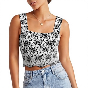 Débardeur tricoté imprimé floral pour femmes grandes tailles, col carré, décontracté, sans manches, coupe courte, été - Product Image 1