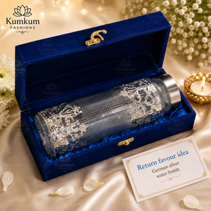 Luxury Handcrafted German Silver Glass Leak Proof Reusable Water Bottle Royal Blue Velvet <b>Gift</b> Box Wedding Diwali Christmas <b>Gift</b> - Product Image 1
